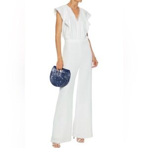 Monique Lhuillier White Wide-Leg V-Neck Jumpsuit